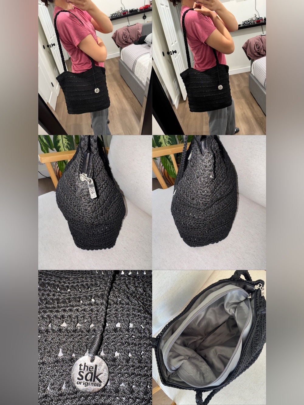 Vintage The Sak Black Crochet Black Woven Tote Boho Granny Shoulder Bag Purse - Picture 15 of 15